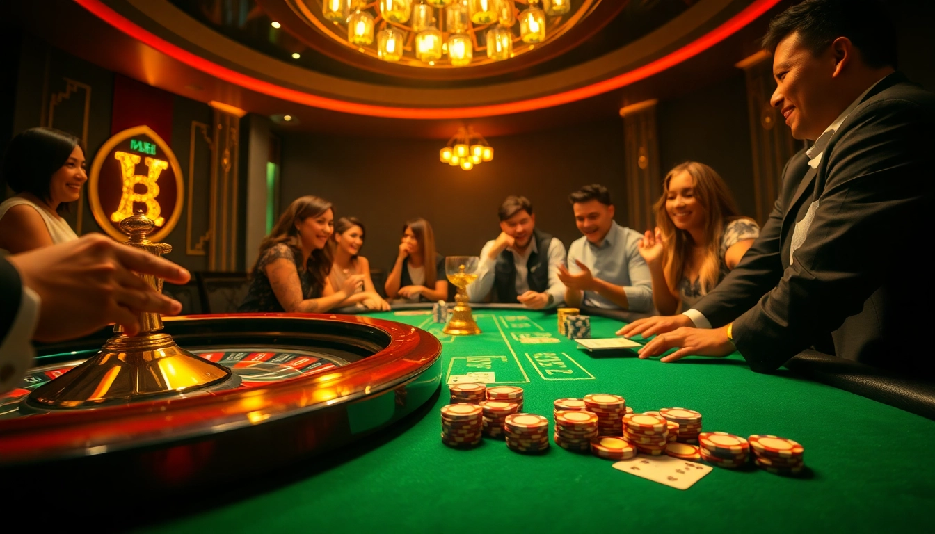 A vibrant casino scene at https://vb88.social/ featuring players engaged around a roulette wheel and poker table.