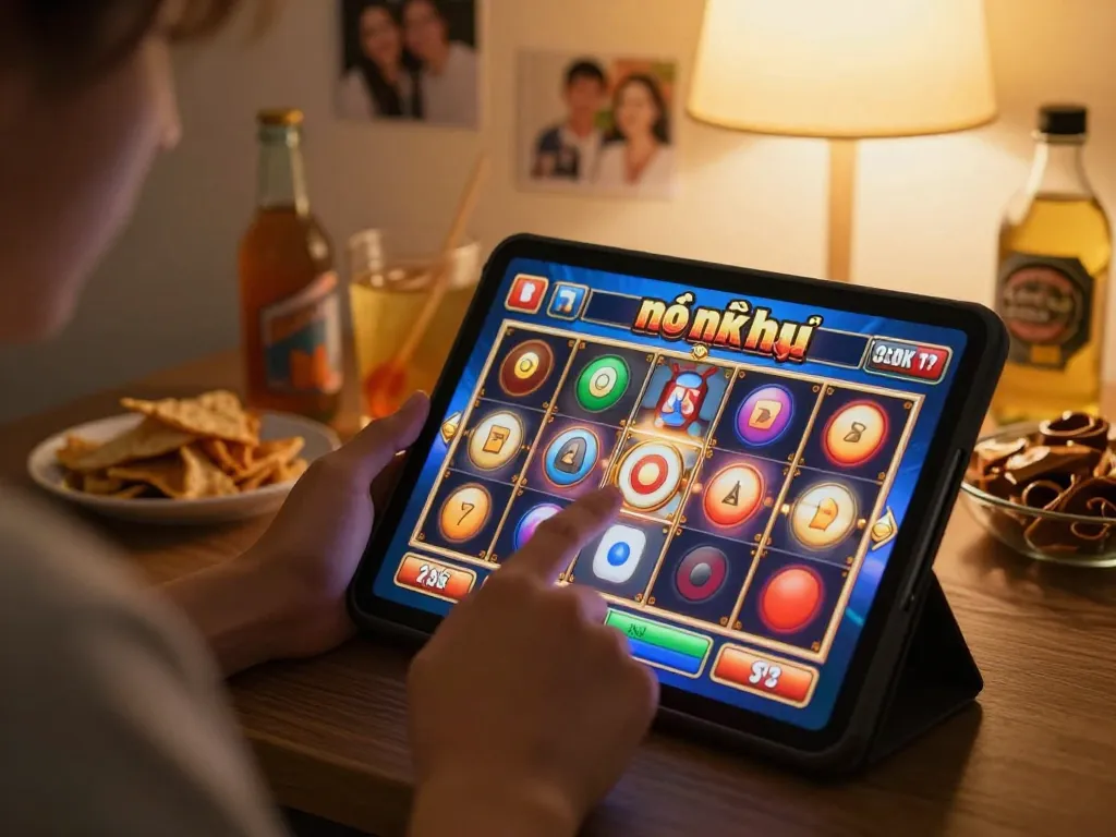 Player enjoys engaging with game nổ hũ on a tablet, showcasing vibrant slot reels spinning and cozy home atmosphere.