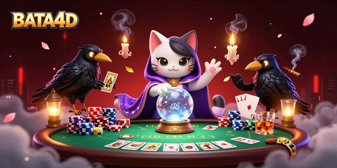 BATA4D menghadirkan suasana bermain poker dengan karakter kucing mistik serta elang yang berurusan dengan kartu, dikelilingi chip dan meja di latar belakang.