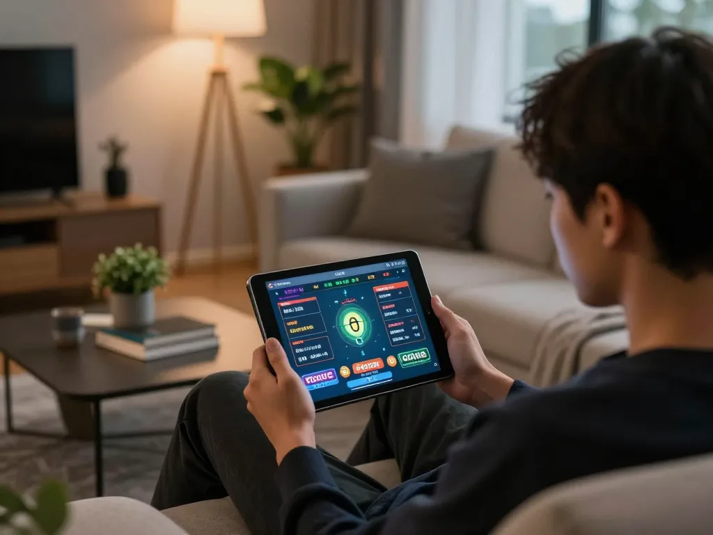 Tampilan permainan toto togel di tablet dalam suasana rumah yang nyaman, menampilkan permainan online yang bertanggung jawab.