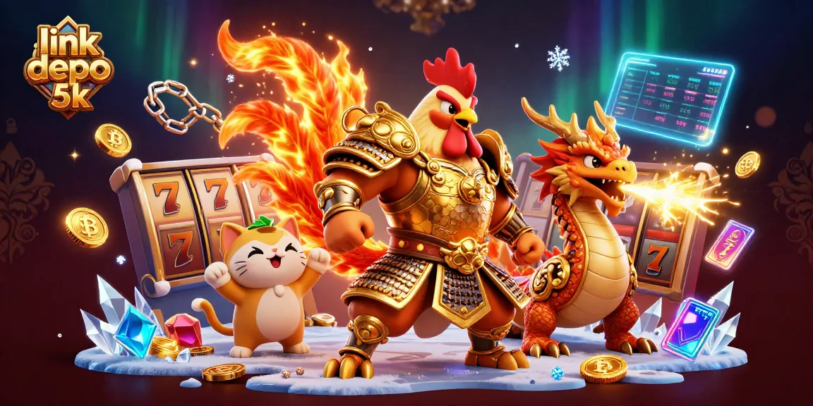 Engage with link depo 5k as you enjoy a dynamic casino scene featuring a rooster warrior and dragon hatchling.
