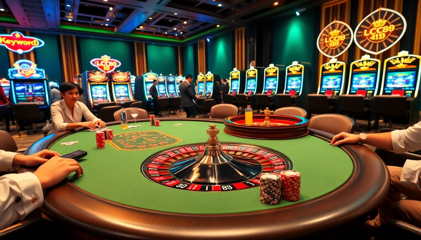 Experience the thrill of LC88 as players engage at a luxurious casino poker table.
