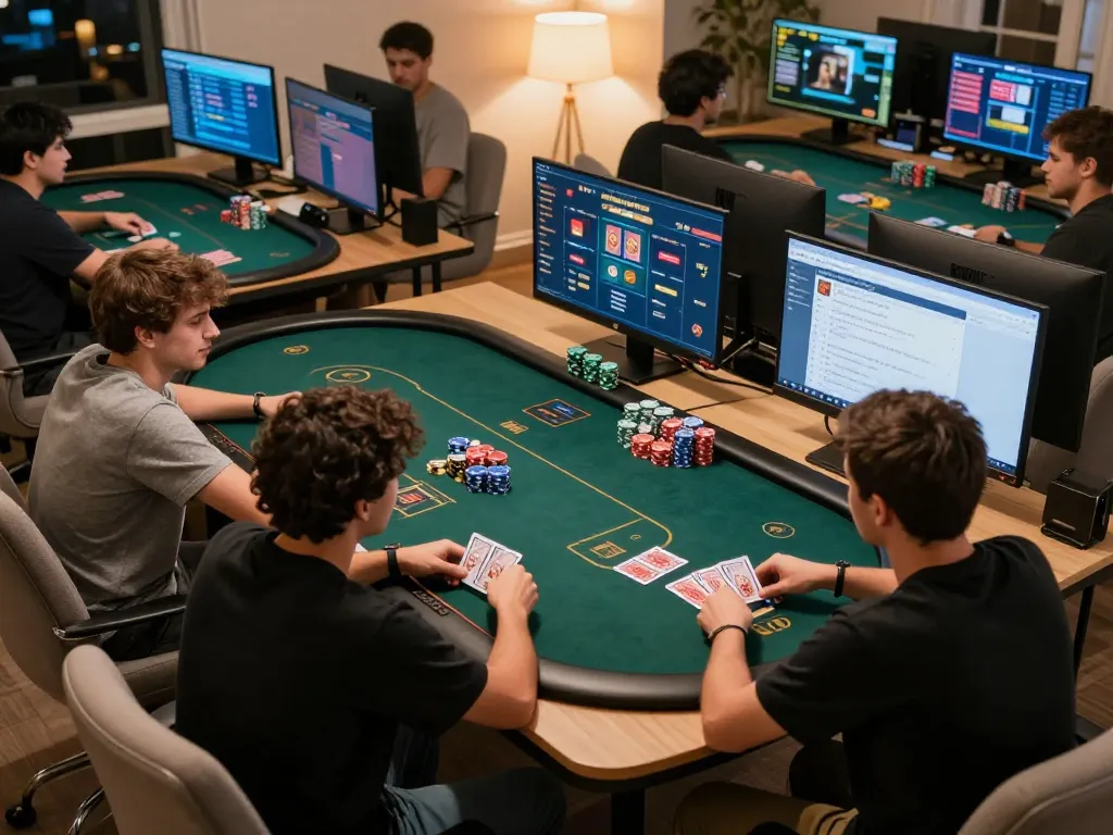 Players engaging in online poker at home with gg88 com, showcasing excitement and strategic gameplay.