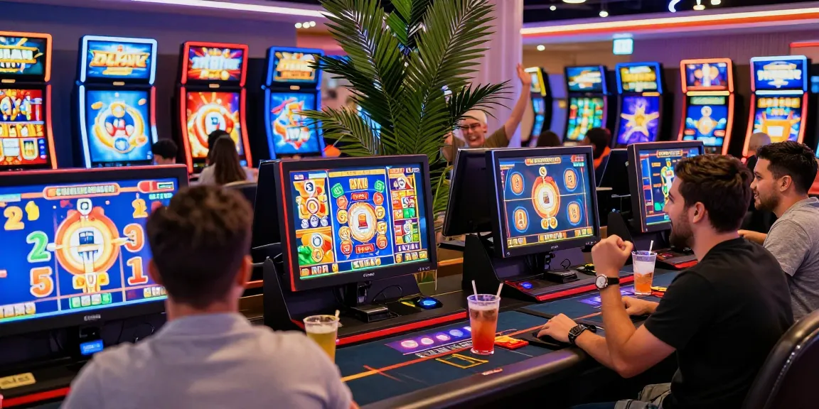 Experience the excitement at the best online casinos with players enjoying colorful slot games and vibrant atmosphere.