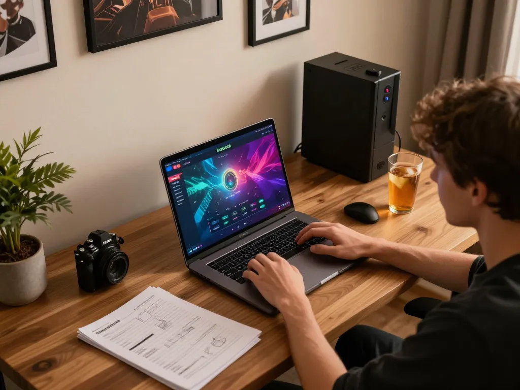 Player engaging with FAFA828 online gaming platform on laptop in a cozy home office setting.