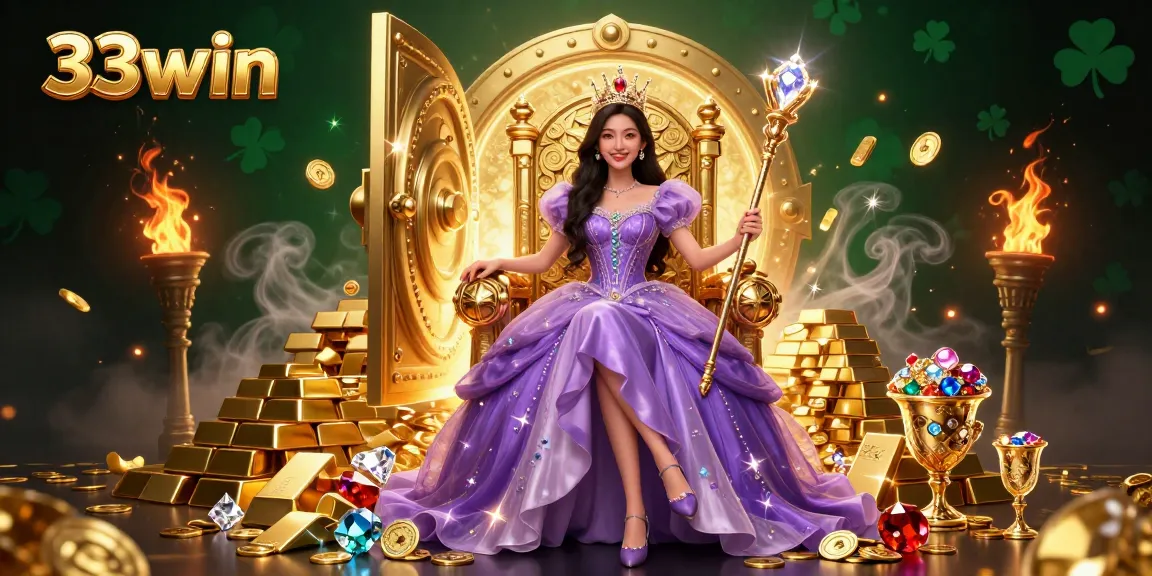 Experience the magic of 33win in a dazzling casino illustration with golden treasures and vibrant colors.