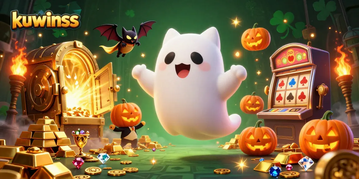 Kuwinss celebrates gaming excitement with a friendly ghost cat and bat in a haunted casino.