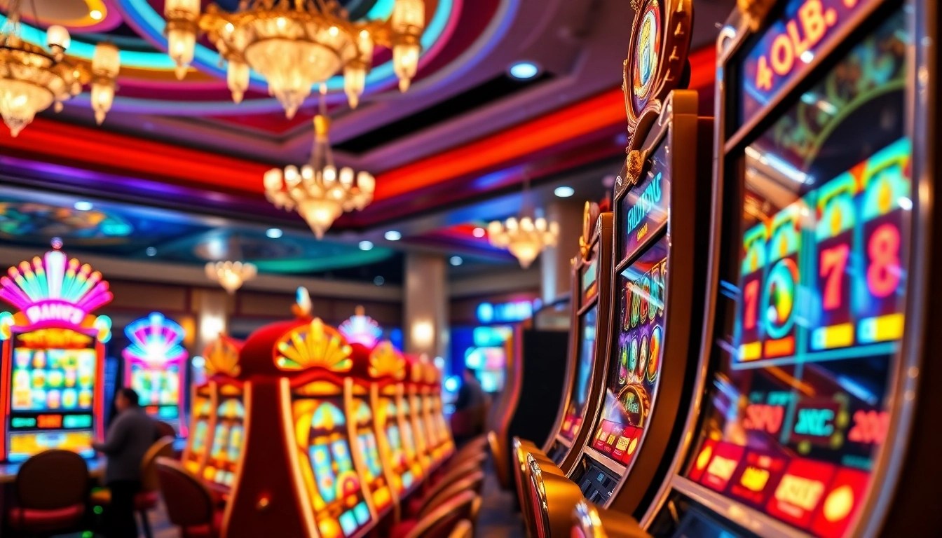 Permainan slot online yang menarik di kasino mewah dengan mesin warna-warni dan suasana cerah.