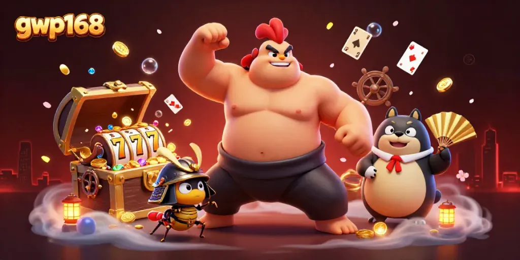 GWP168 menampilkan ilustrasi 3D ayam jantan sumo yang besar dan kuat dengan elemen slot yang kaya, menggambarkan aksi perjudian yang seru.