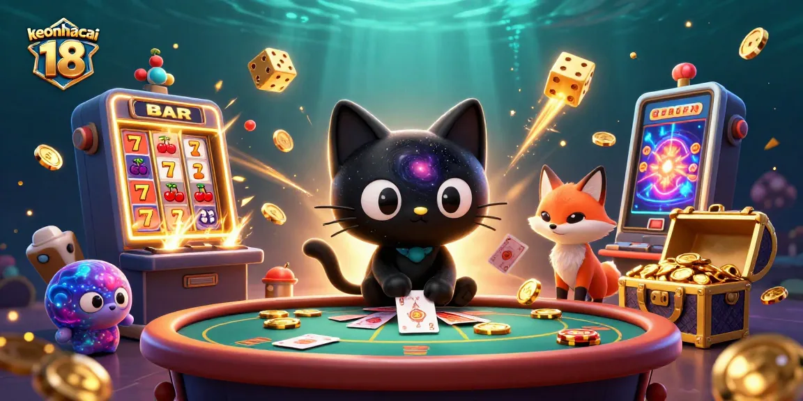 Engage with keonhacai 18 cosmic casino, featuring a swirling galaxy cat and colorful elements.