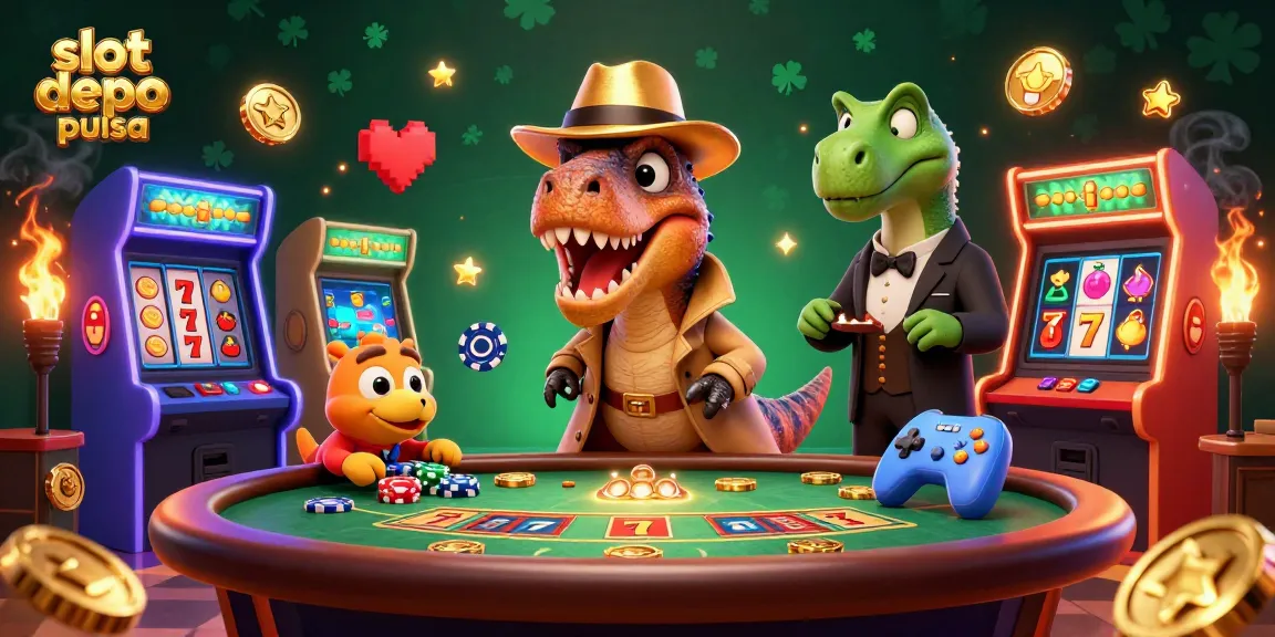 Gambar slot depo pulsa dengan velociraptor dan stegosaurus di meja blackjack, penuh warna dan detail.