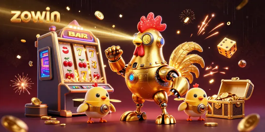 Engage with Zowin's vibrant casino scene featuring a golden rooster robot and joyful drones amidst a jackpot explosion.