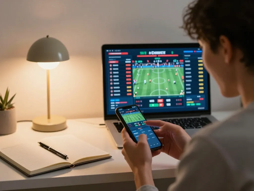 Betting on cm88 through a smartphone at home, showcasing live sports odds and an engaging environment.