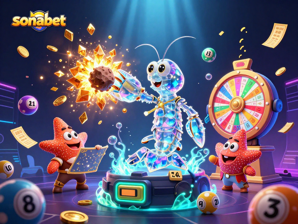 Sonabet’s vibrant 3D illustration showcases gaming excitement with golden coins exploding amidst lottery elements.