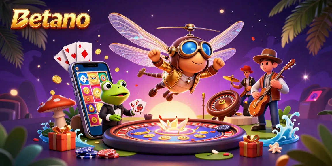 Betano brings excitement with a dragonfly pilot, frog croupier, and colorful casino imagery.
