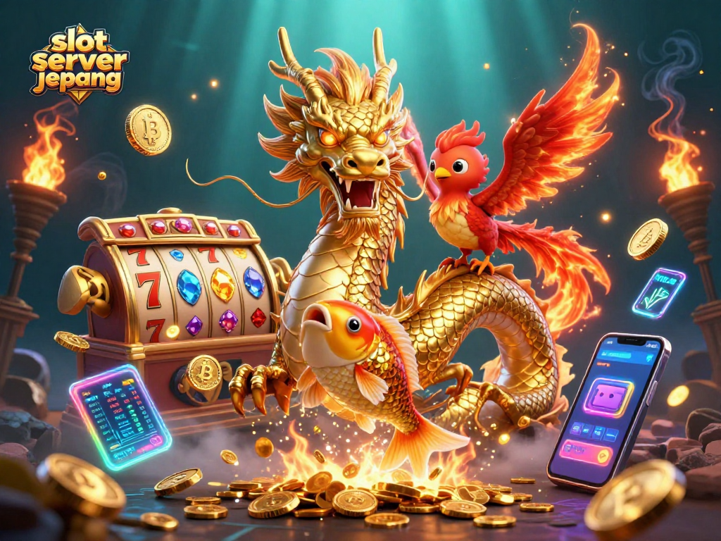 Experience the excitement of slot server jepang with this vibrant 3D illustration featuring a dragon, phoenix, and koi fish.