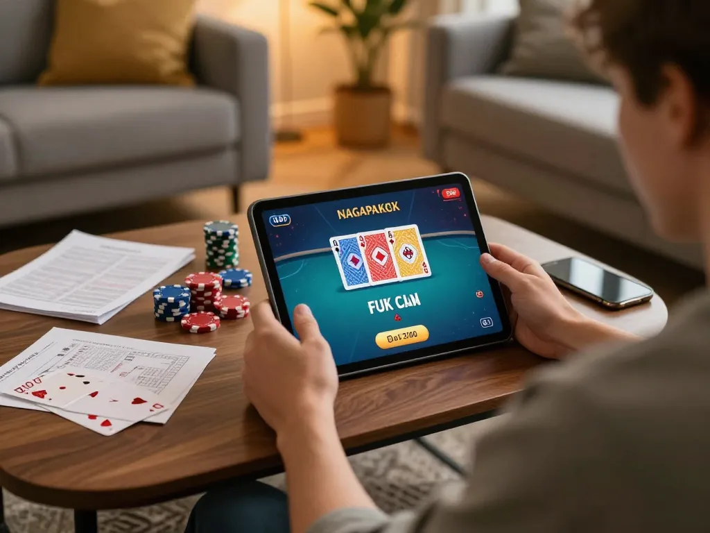 Player engaging in nagapoker game on tablet with strategy notes visible, cozy home atmosphere.
