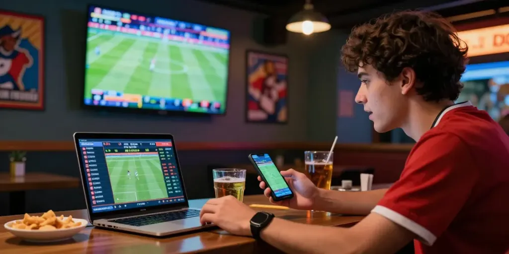 Exciting sports betting atmosphere showcasing lotus365 player analyzing live odds in a bustling sports bar.
