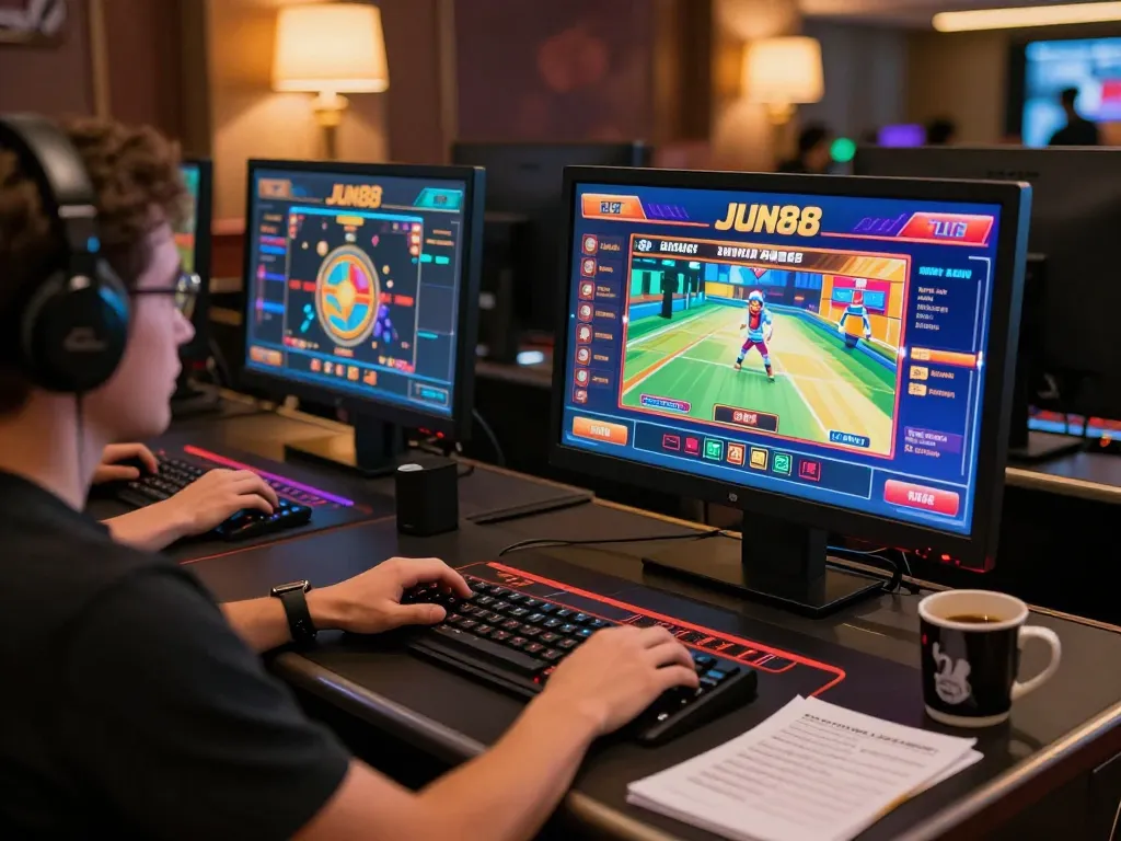 Player enjoying Jun88 online casino games on multiple screens, highlighting a dynamic gaming experience.