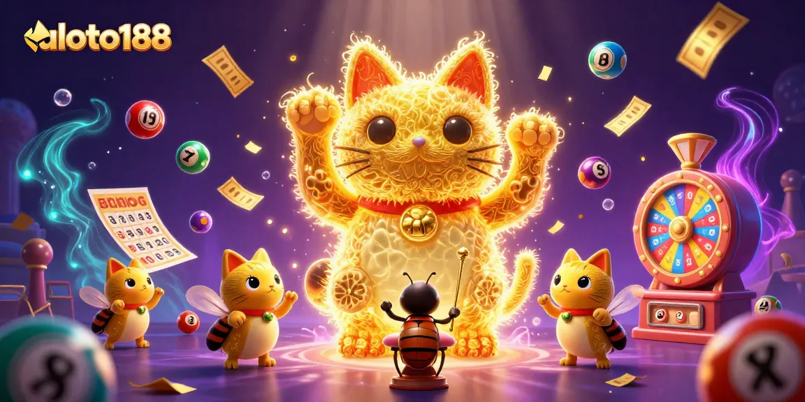 Win big with aloto188 in a vibrant lottery-themed 3D gambling illustration with dynamic elements.