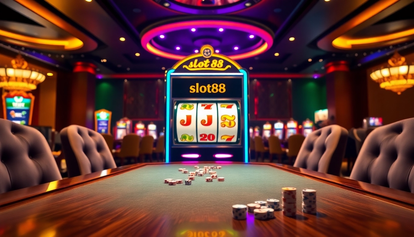 Exciting slot88 gaming experience with vibrant casino atmosphere and elegant slot machine.