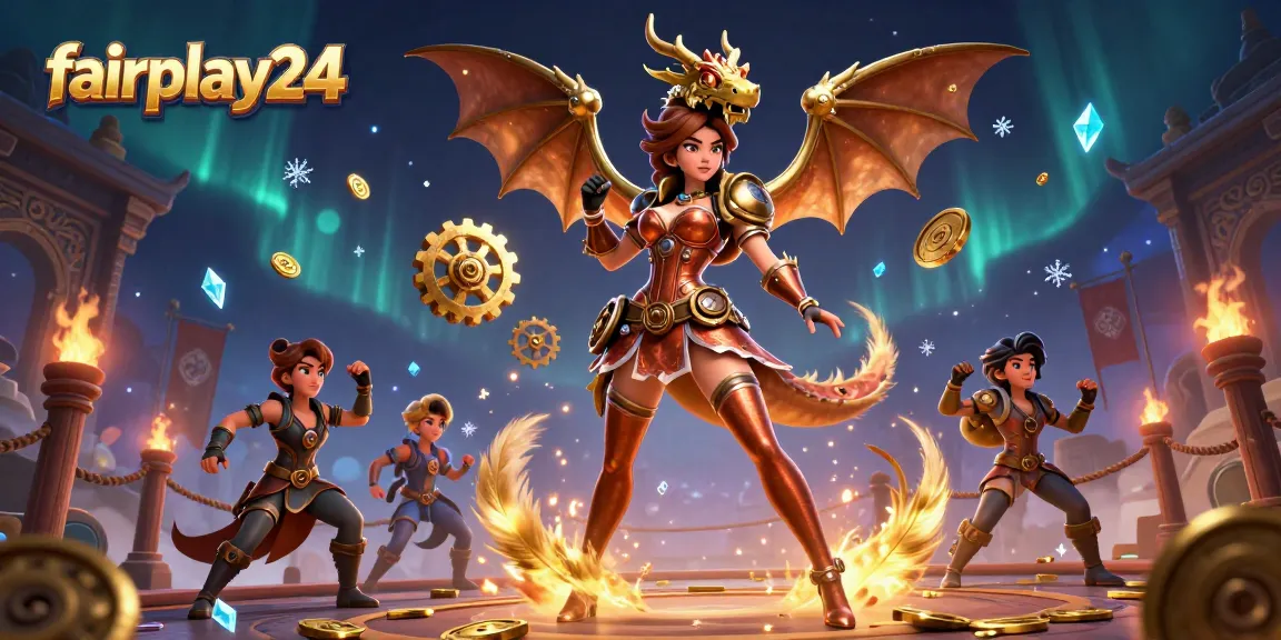 Experience the fairplay24 thrill with a stunning woman and a clockwork dragon in a vivid casino scene.