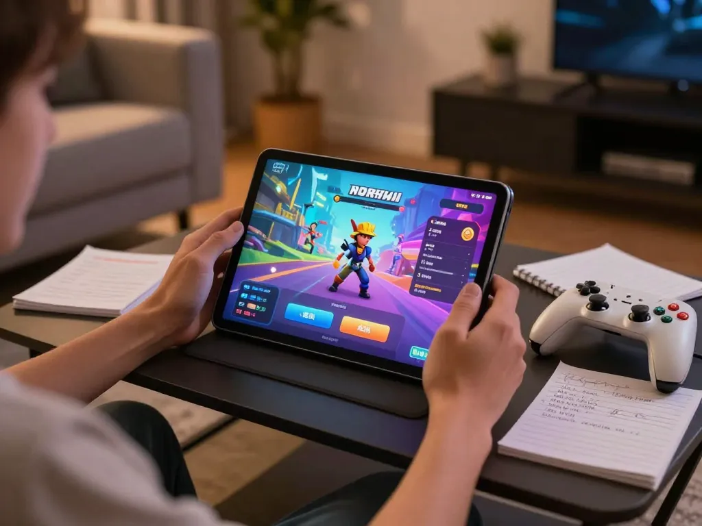 Engaging in NSFW games APK on a tablet during a cozy home gaming night, with strategic notes visible.