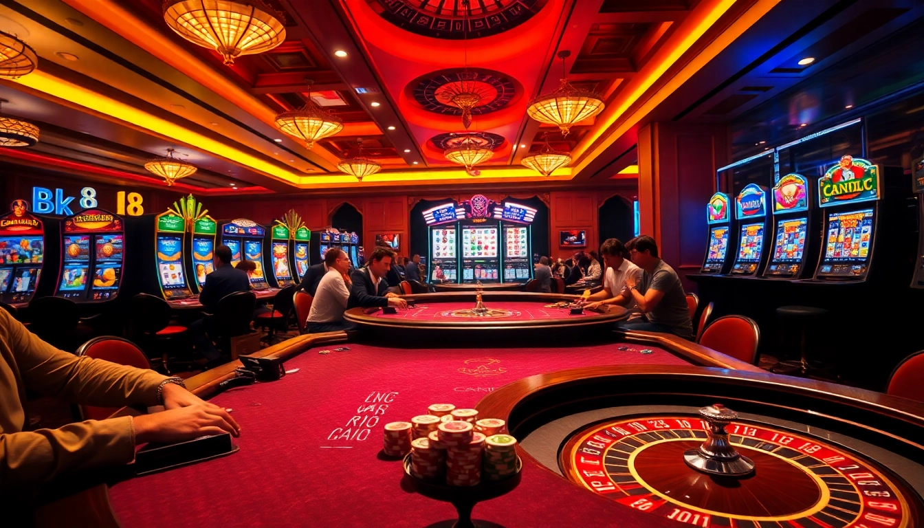 Engaging players enjoying games at BK8 เว็บตรง casino with vibrant tables and slot machines.