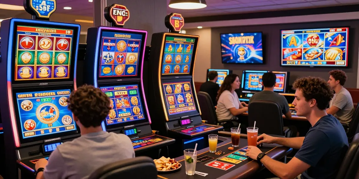 Players enjoying various games at credit card casinos, lively atmosphere with digital screens and snacks.