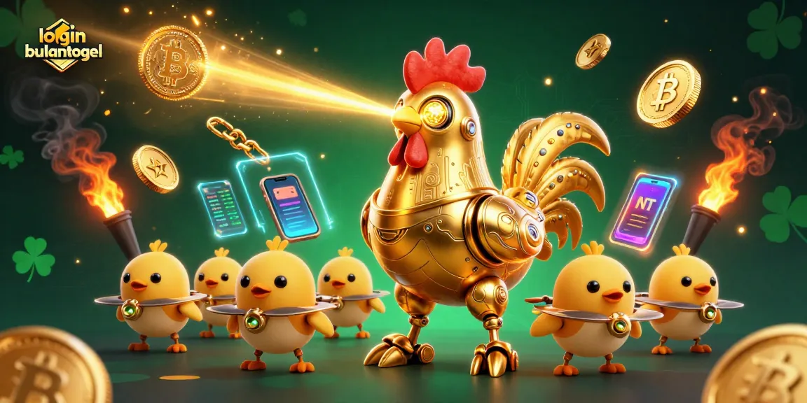 Login bulantogel dalam ilustrasi 3D menarik, menggambarkan robot ayam emas futuristik yang mengeluarkan sinar laser.