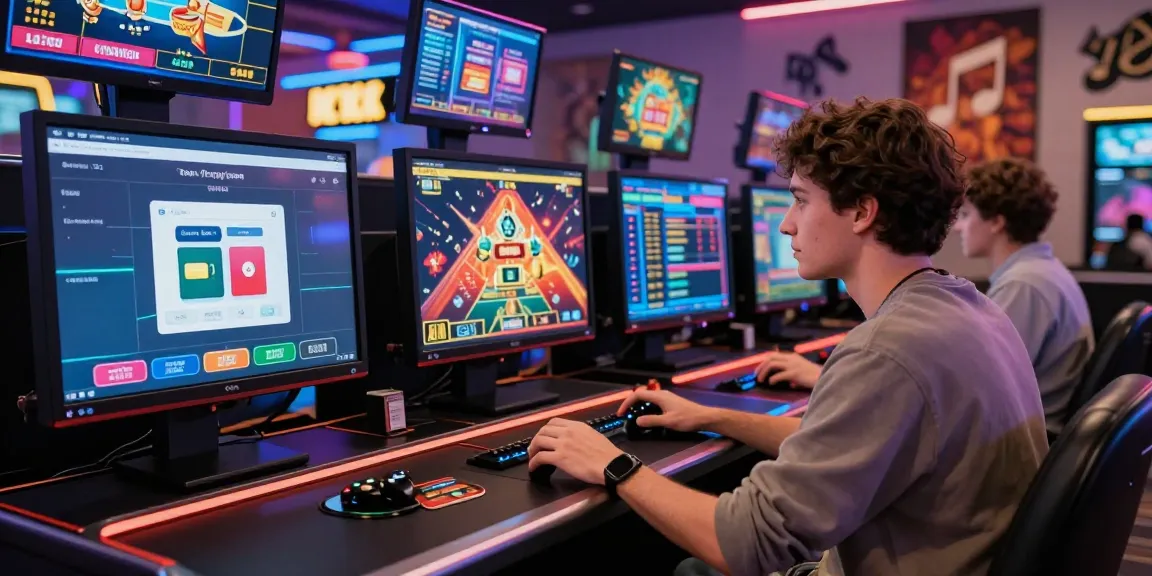 Engaged player at an online casino that accepts credit cards, surrounded by vibrant gaming screens and a lively atmosphere.