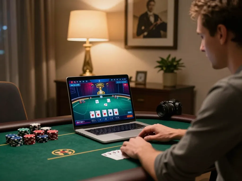 Player engaged in online poker game on a laptop, showcasing HM88 strategies for winning