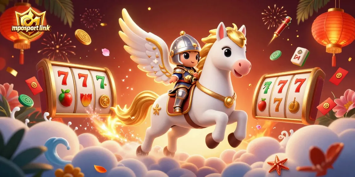 Experience the thrill with mposport link as a celestial horse and knight navigate vibrant slot game elements.
