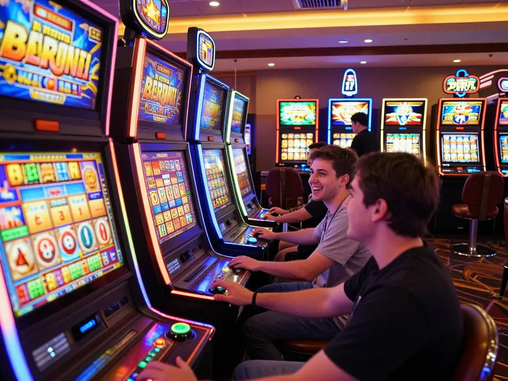 Players enjoying slots not on gamstop in a vibrant casino atmosphere with colorful machines.