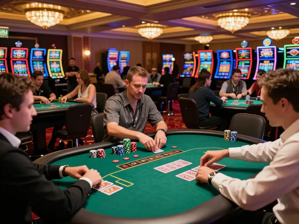 A dynamic poker scene showcasing players at a casino table for the official website.