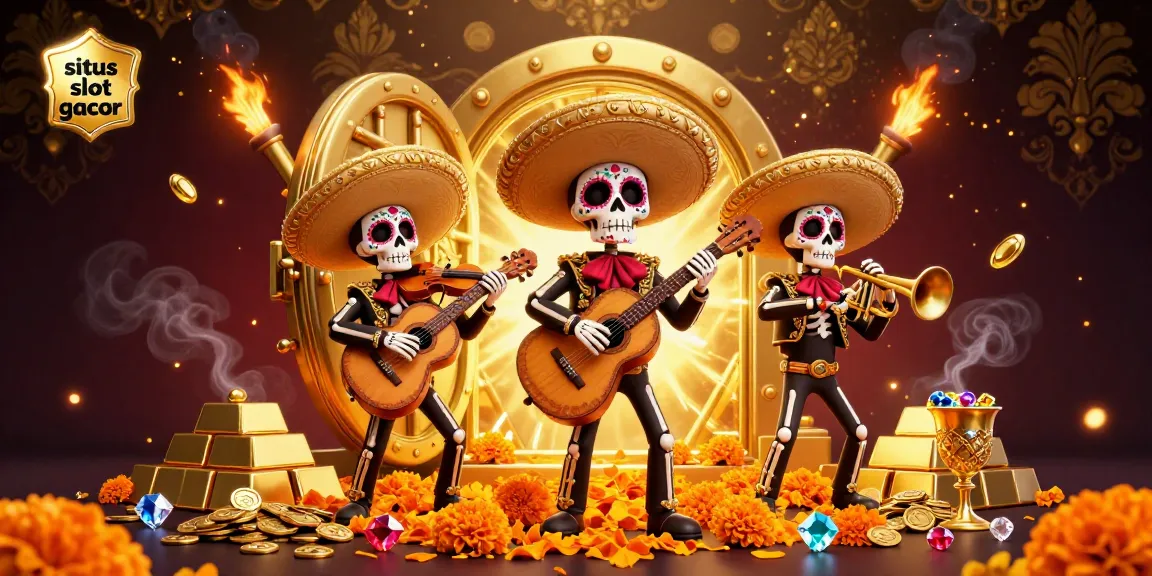 Engage with situs slot gacor through an enchanting 3D illustration of a mariachi band surrounded by glittering treasures and golden elements.
