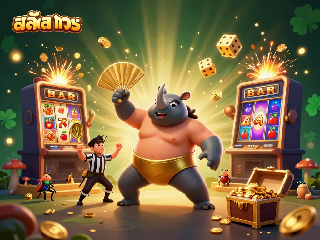 Experience สล็อตทดลอง as a beetle sumo champion stomps for coins amidst a vibrant casino scene.