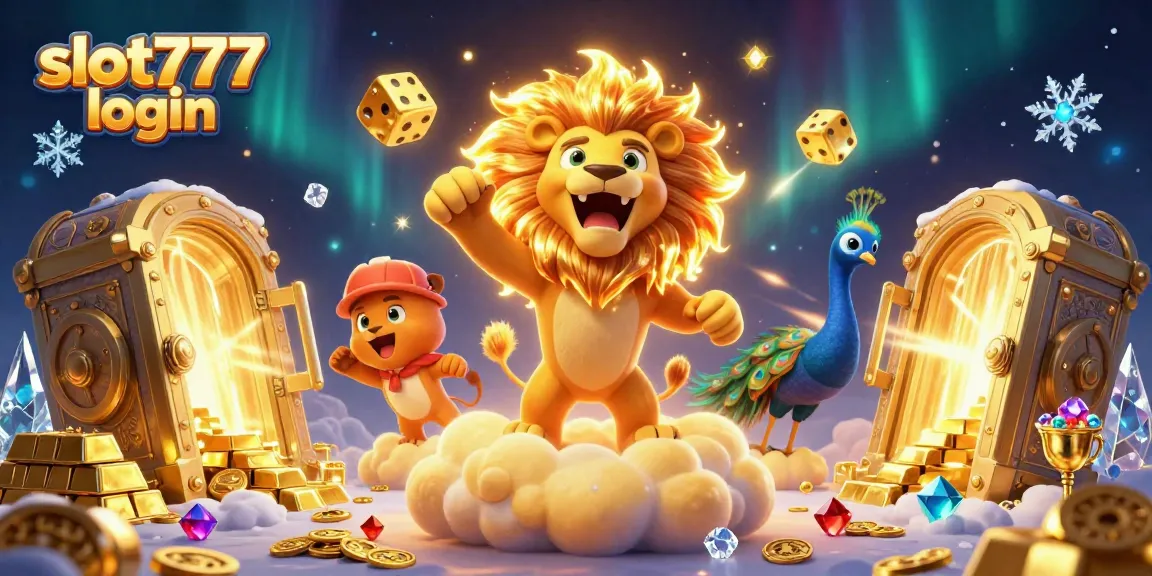 Slot777 login di dunia kasino dengan singa kartun dan harta karun berkilau