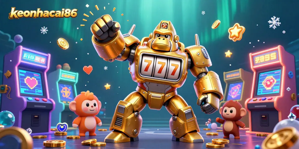Experience the thrill of keonhacai86 as a dynamic gorilla mech champion bursts with coins in a vibrant casino universe.