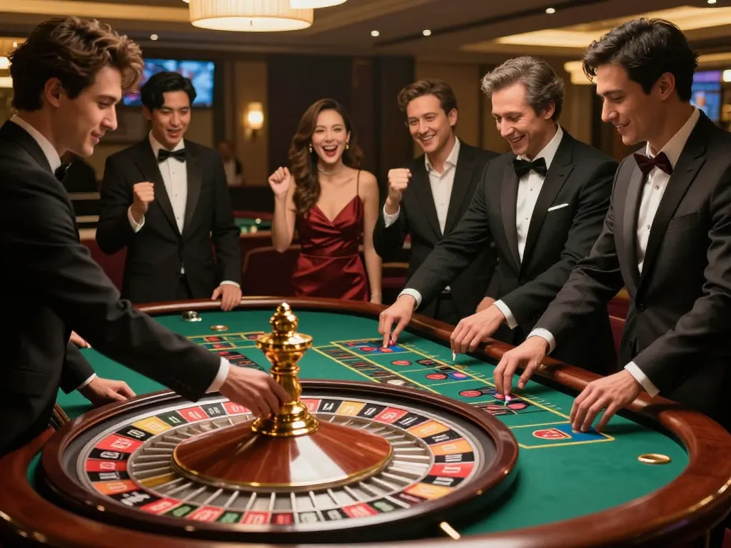 Players placing bets at the lively roulette table at 56win, enhancing casino excitement.
