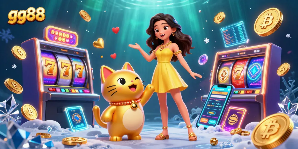 Experience the excitement at gg88 with a cheerful woman and a lucky cat amidst vibrant casino games.
