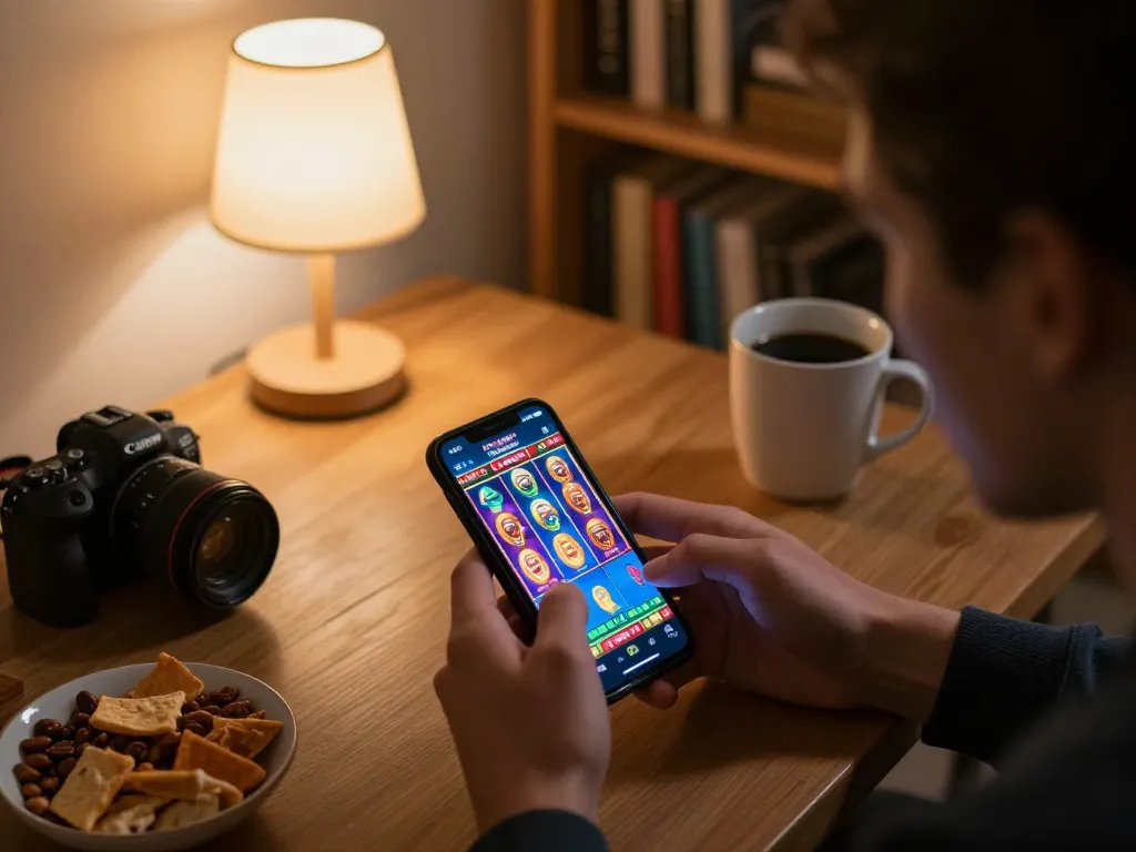Player enjoying zx88 mobile casino app in cozy home setting, vibrant slot game displayed dynamically.
