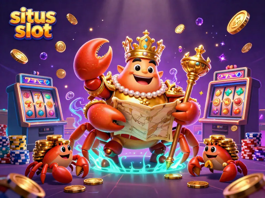 Gambaran situs slot dengan kepiting emas raksasa memegang tongkat kerajaan dan peta harta, dikelilingi koin emas melimpah dan mesin slot.