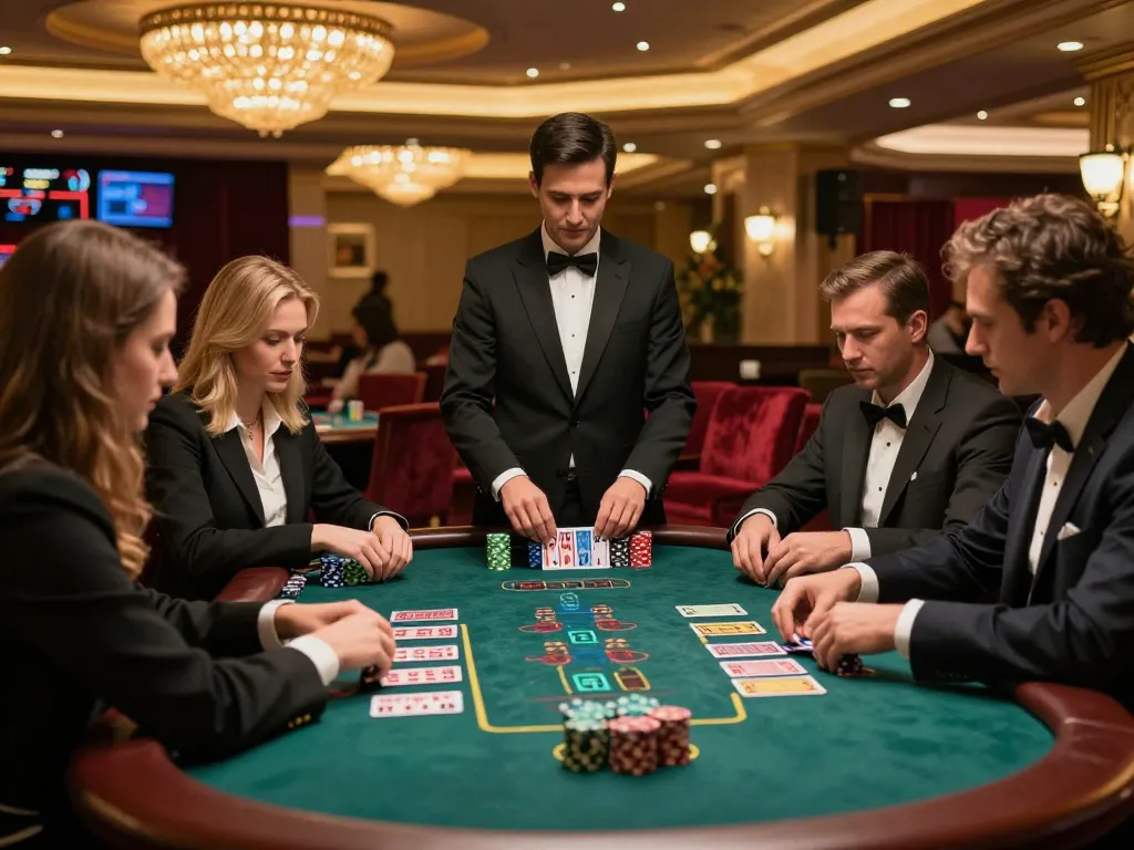Players engaged in high-stakes blackjack game at luxury casino highlighting casinosscope's strategic play.