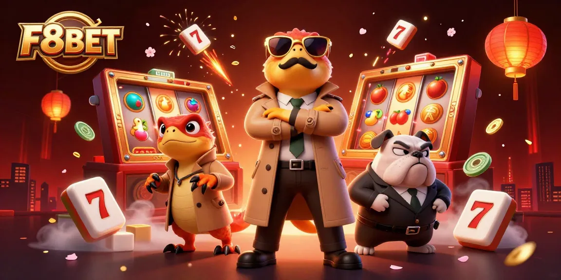 F8BET guides players in slots and jackpots while three raptors hilariously disguise themselves at a casino.