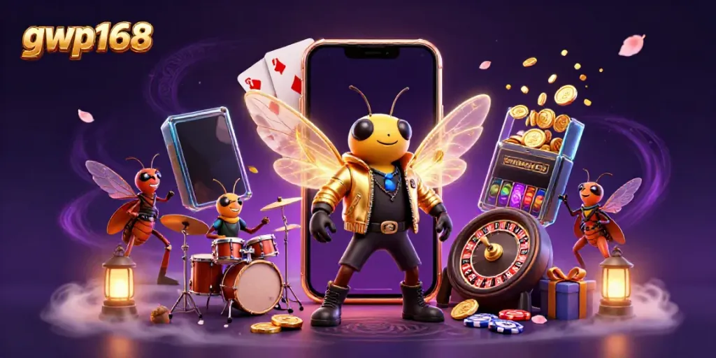 GWP168 menampilkan karakter kasino digital yang bersemangat dan permainan slot, dimainkan oleh cicada rocker dan drummer belalang.