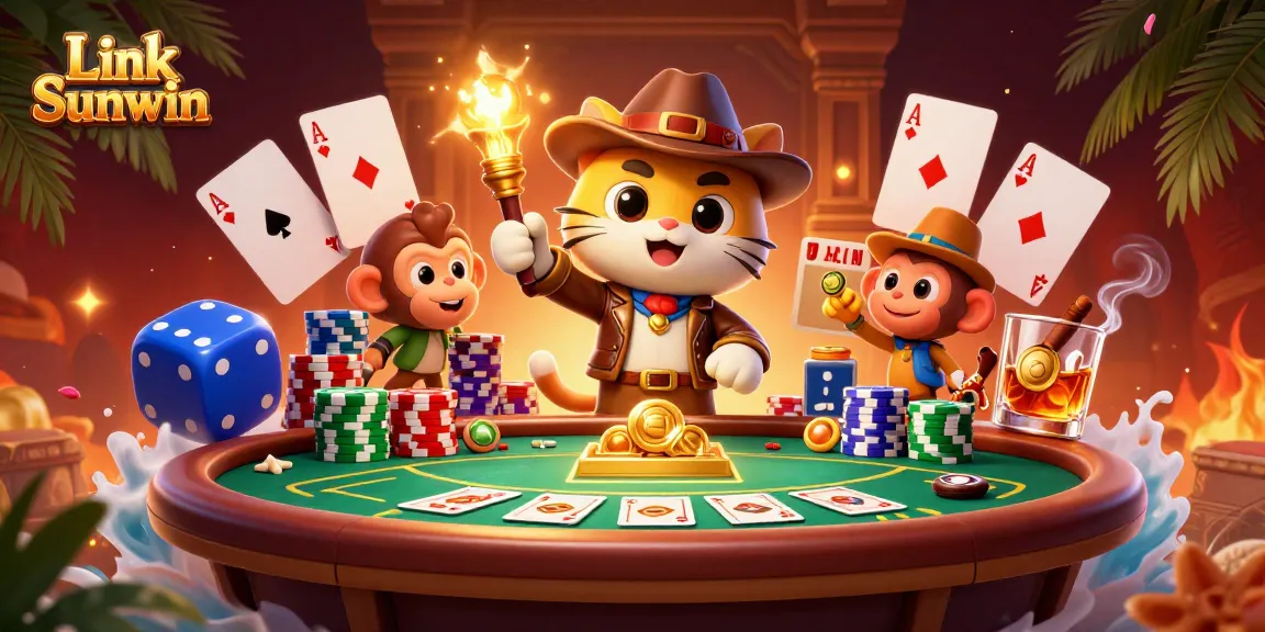 Engage with Link Sunwin's vibrant casino adventure featuring a jackpot-exploring cat amidst dazzling poker elements.
