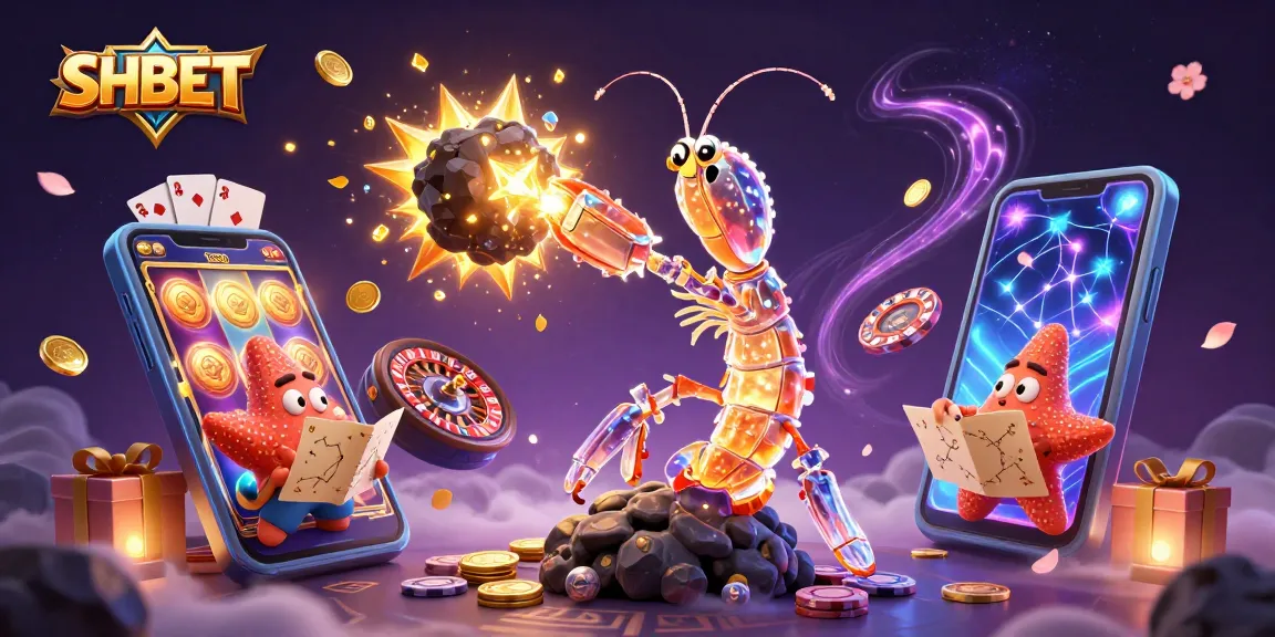 SHBET adventures in gaming: a galactic samurai shrimp amidst coins and slot games.