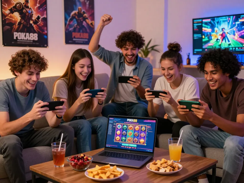 Sekelompok orang menikmati permainan POKA88 di smartphone dalam ruang tamu yang nyaman.