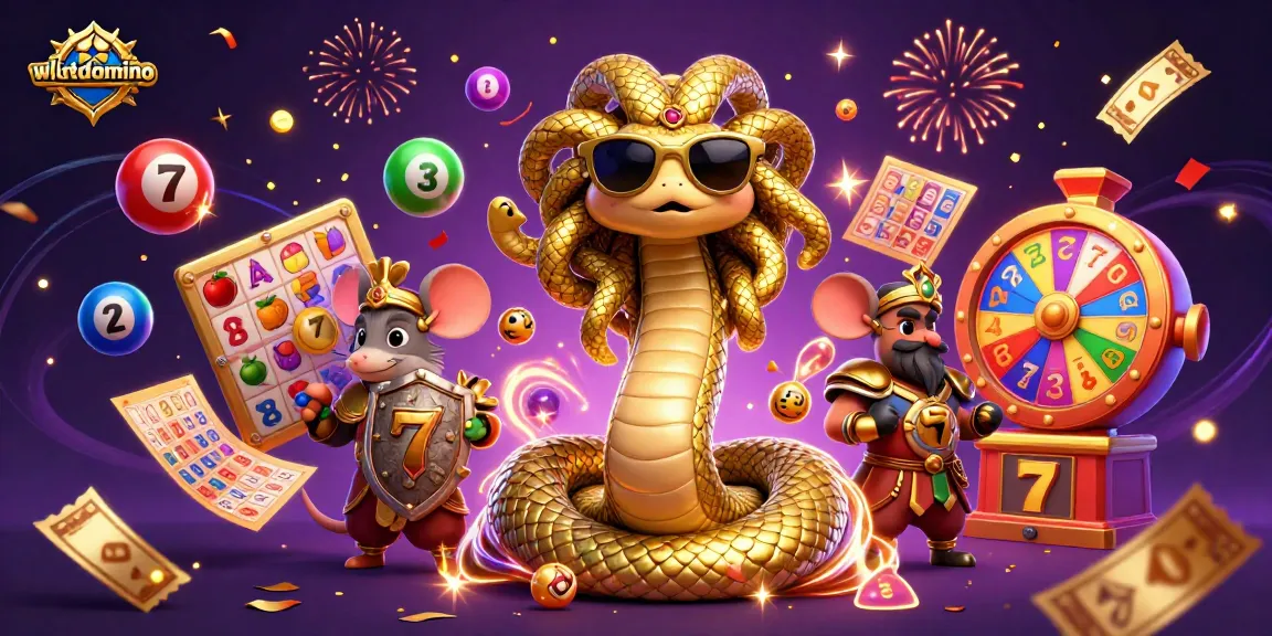 Memenangkan permainan di wslotdomino dengan ilustrasi Medusa lucu, bola lotere berwarna, dan slot yang dinamis.